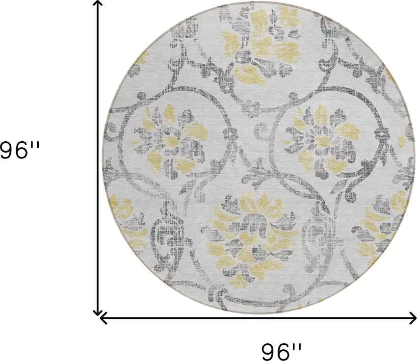 8' Silver Gray And Gold Round Floral Washable Indoor Outdoor Area Rug Photo 9