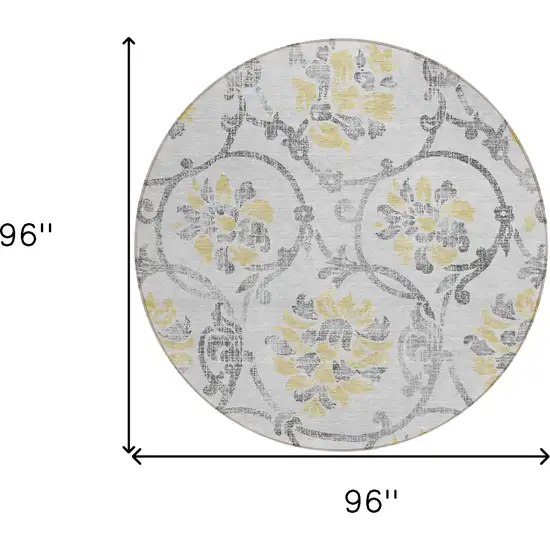 8' Silver Gray And Gold Round Floral Washable Indoor Outdoor Area Rug Photo 9