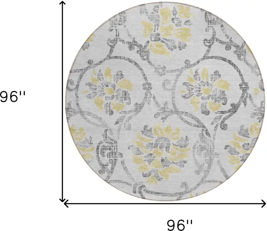 8' Silver Gray And Gold Round Floral Washable Indoor Outdoor Area Rug Photo 9