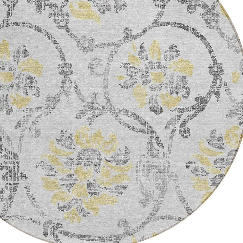 8' Silver Gray And Gold Round Floral Washable Indoor Outdoor Area Rug Photo 4