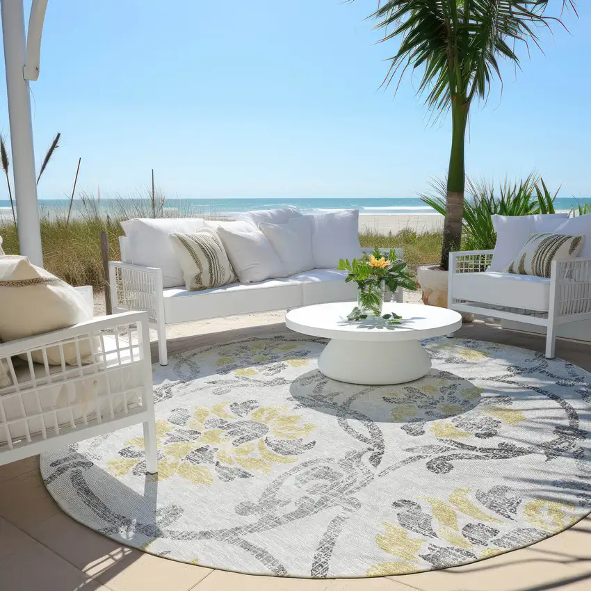 8' Silver Gray And Gold Round Floral Washable Indoor Outdoor Area Rug Photo 7