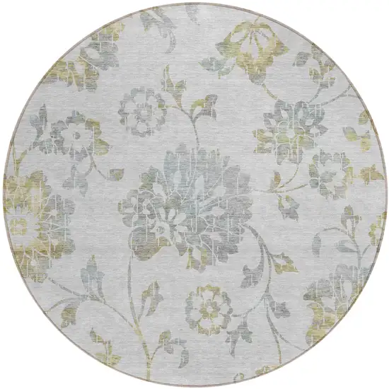 8' Silver Gray And Gold Round Floral Washable Indoor Outdoor Area Rug Photo 2