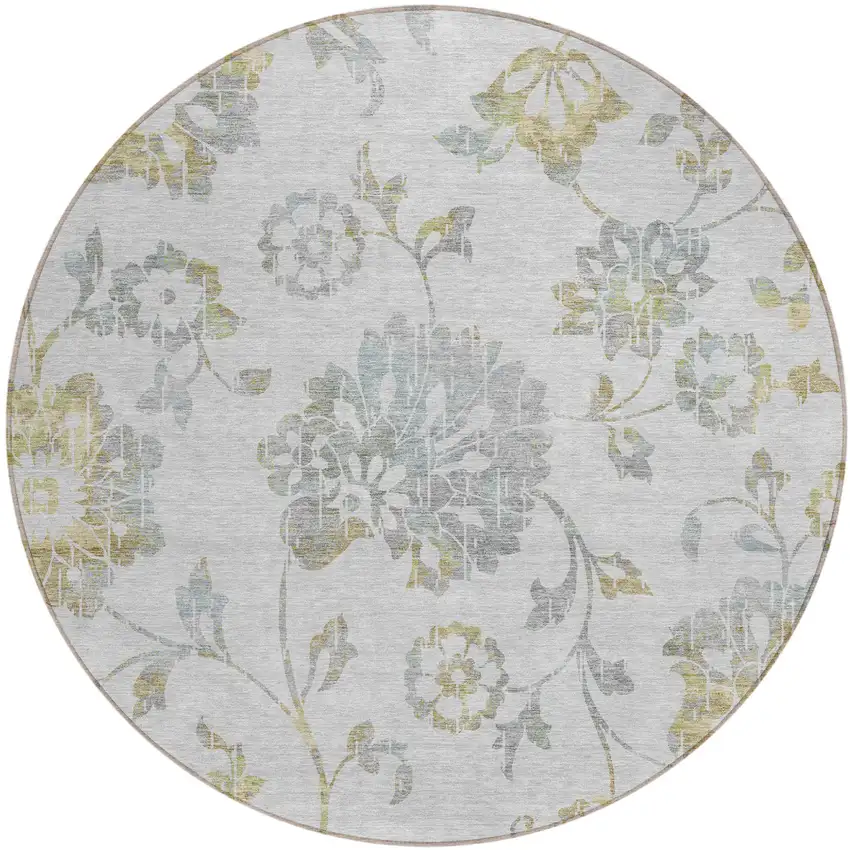 8' Silver Gray And Gold Round Floral Washable Indoor Outdoor Area Rug Photo 2