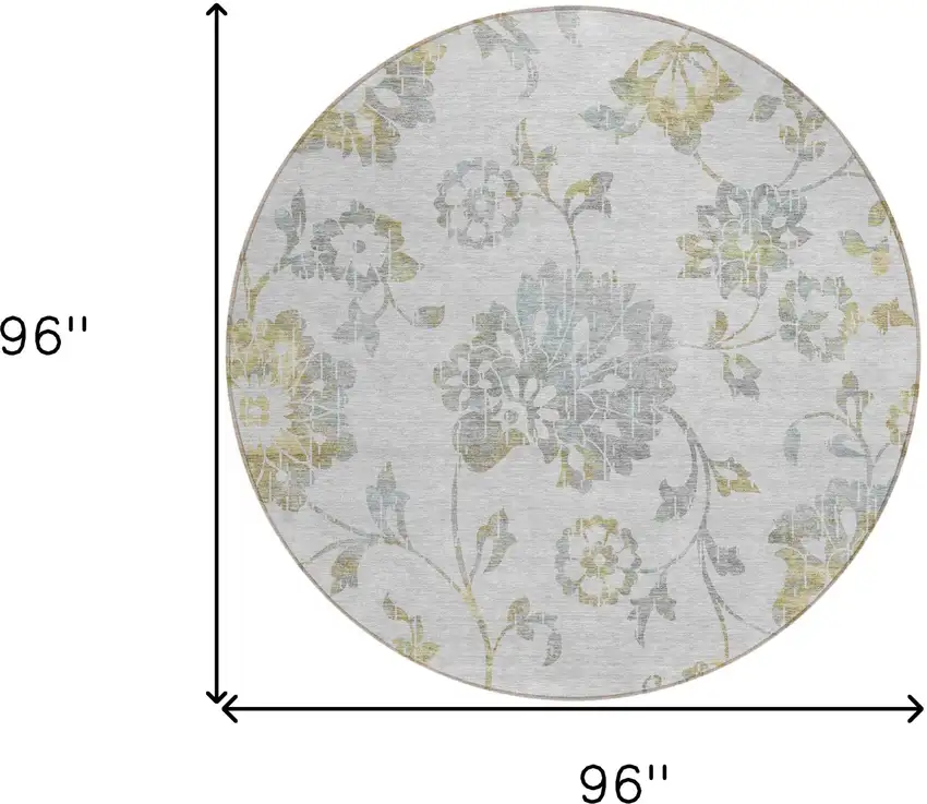 8' Silver Gray And Gold Round Floral Washable Indoor Outdoor Area Rug Photo 3