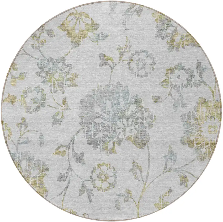 8' Silver Gray And Gold Round Floral Washable Indoor Outdoor Area Rug Photo 6