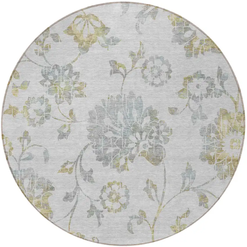 8' Silver Gray And Gold Round Floral Washable Indoor Outdoor Area Rug Photo 6
