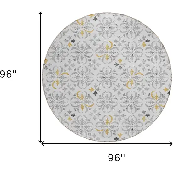 8' Silver Gray And Gold Round Floral Washable Indoor Outdoor Area Rug Photo 3