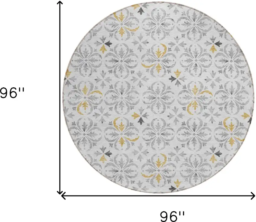 8' Silver Gray And Gold Round Floral Washable Indoor Outdoor Area Rug Photo 3