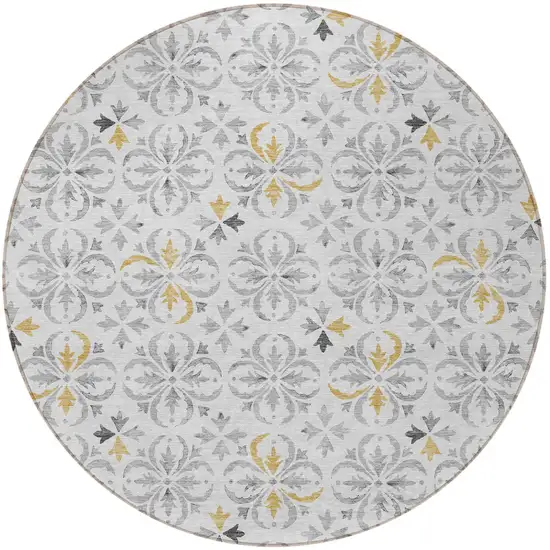 8' Silver Gray And Gold Round Floral Washable Indoor Outdoor Area Rug Photo 6