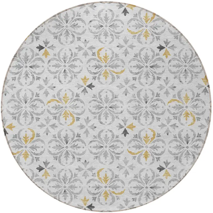 8' Silver Gray And Gold Round Floral Washable Indoor Outdoor Area Rug Photo 6