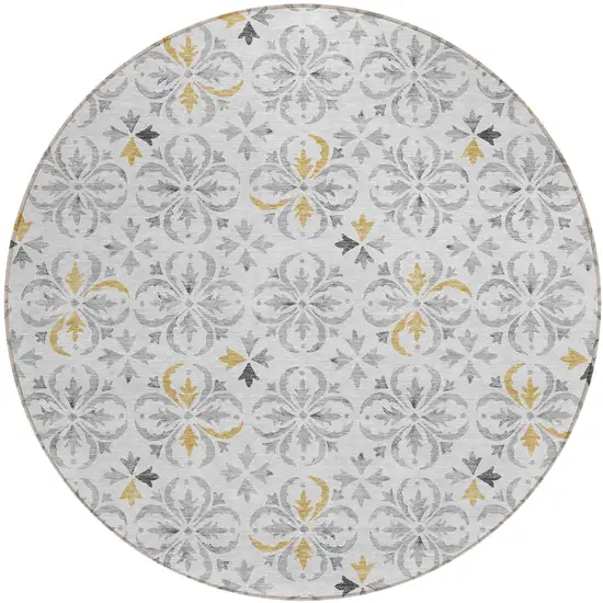 8' Silver Gray And Gold Round Floral Washable Indoor Outdoor Area Rug Photo 2