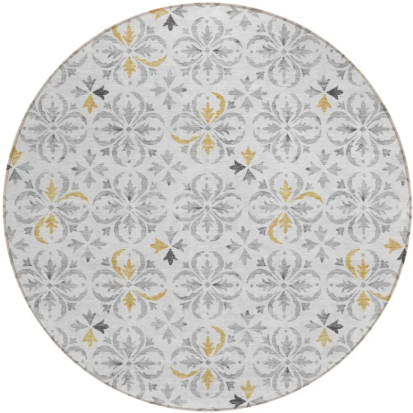 8' Silver Gray And Gold Round Floral Washable Indoor Outdoor Area Rug Photo 2