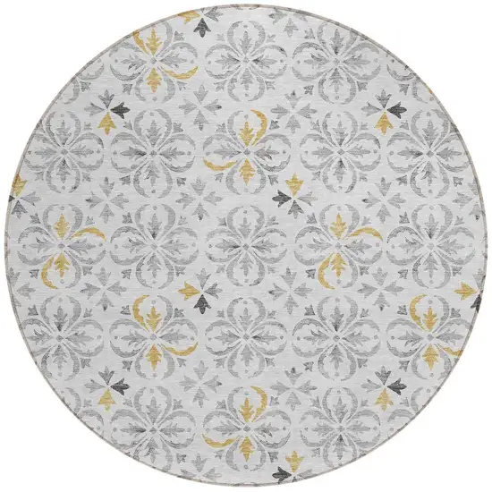 8' Silver Gray And Gold Round Floral Washable Indoor Outdoor Area Rug Photo 5