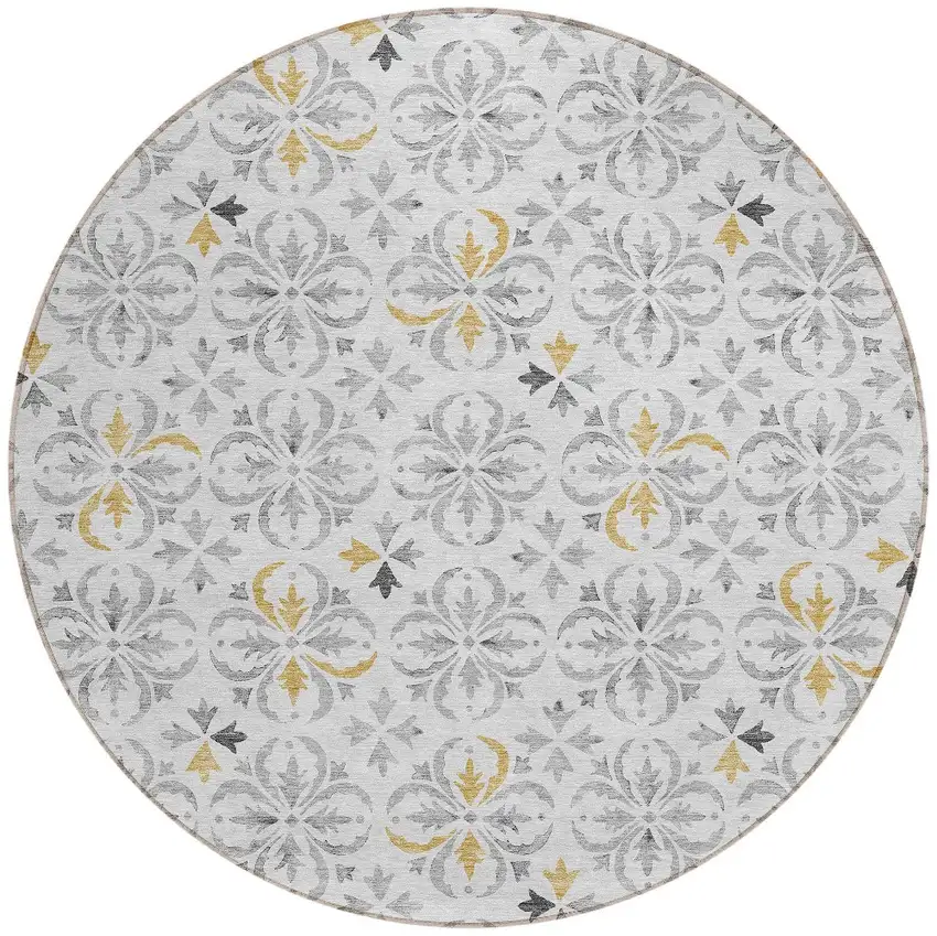 8' Silver Gray And Gold Round Floral Washable Indoor Outdoor Area Rug Photo 5