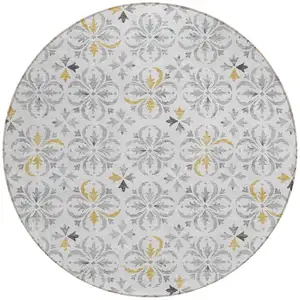 Photo of 8' Silver Gray And Gold Round Floral Washable Indoor Outdoor Area Rug