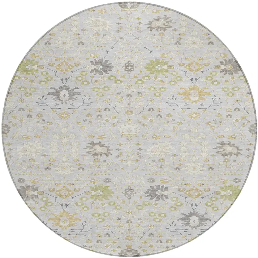 8' Silver Gray And Gold Round Oriental Washable Indoor Outdoor Area Rug Photo 2
