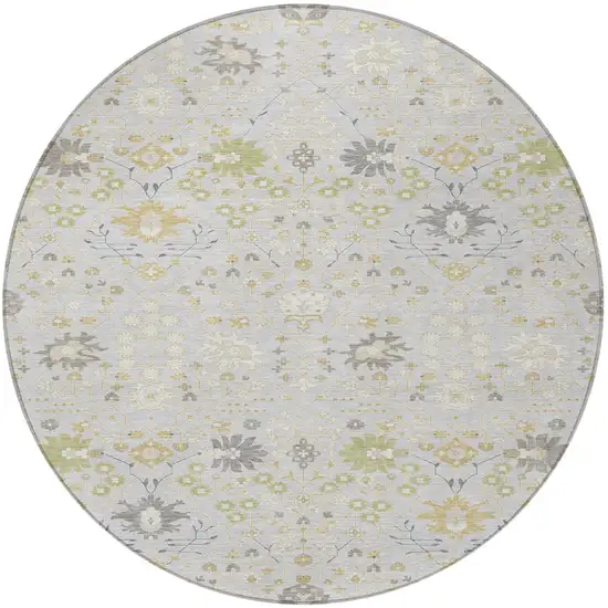 8' Silver Gray And Gold Round Oriental Washable Indoor Outdoor Area Rug Photo 5