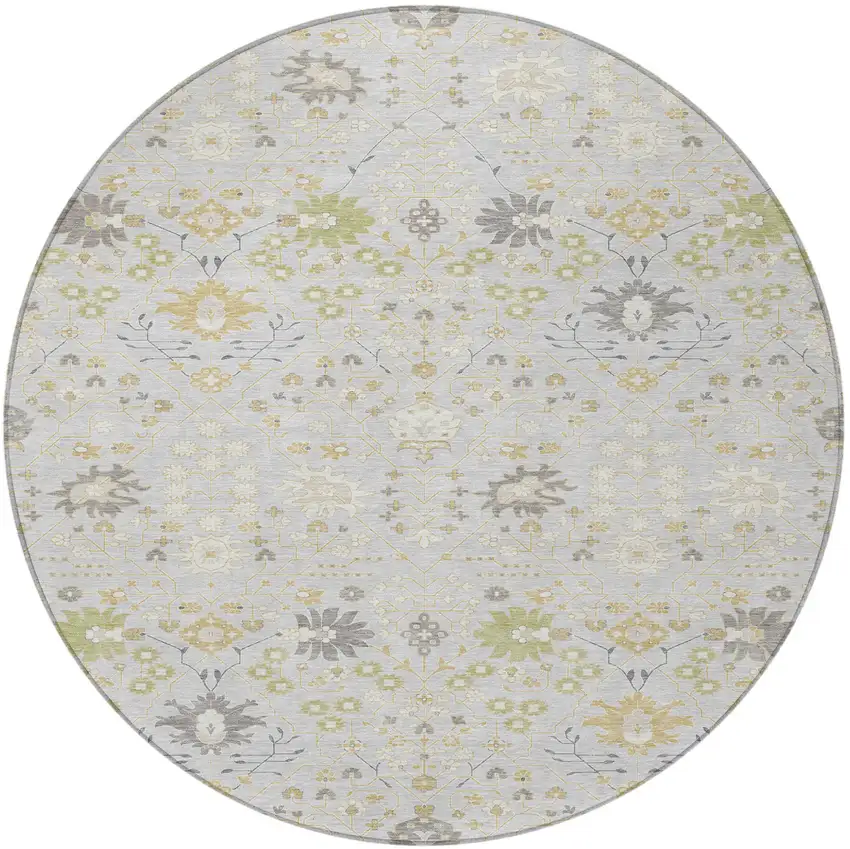 8' Silver Gray And Gold Round Oriental Washable Indoor Outdoor Area Rug Photo 5