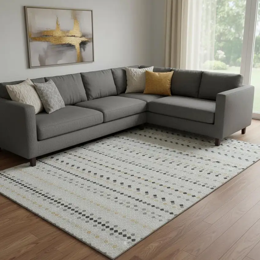 8' Silver Gray And Gold Striped Washable Area Rug With UV Protection Photo 2