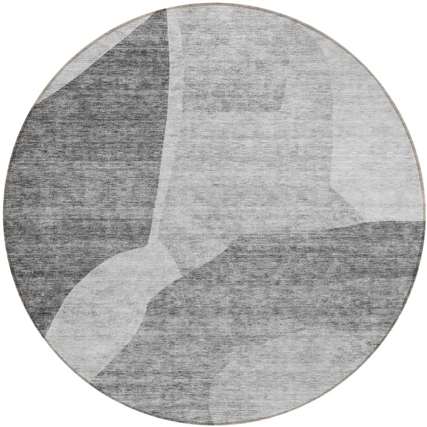 8' Silver Gray And Graphite Round Abstract Washable Indoor Outdoor Area Rug Photo 2