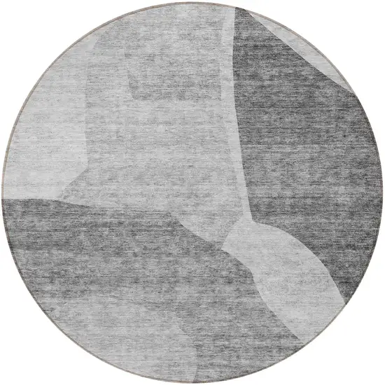 8' Silver Gray And Graphite Round Abstract Washable Indoor Outdoor Area Rug Photo 4