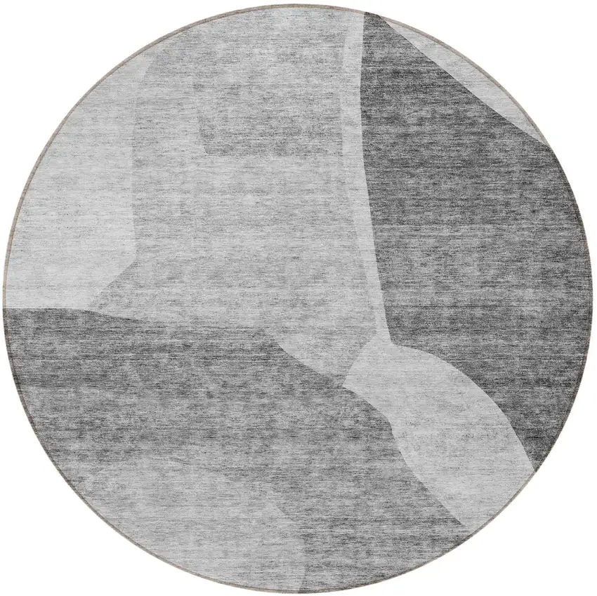 8' Silver Gray And Graphite Round Abstract Washable Indoor Outdoor Area Rug Photo 4