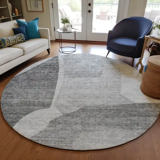 8' Silver Gray And Graphite Round Abstract Washable Indoor Outdoor Area Rug Photo 6