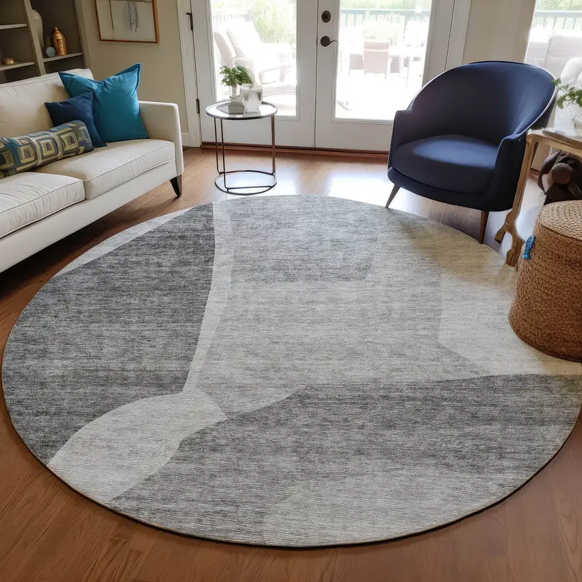 8' Silver Gray And Graphite Round Abstract Washable Indoor Outdoor Area Rug Photo 6