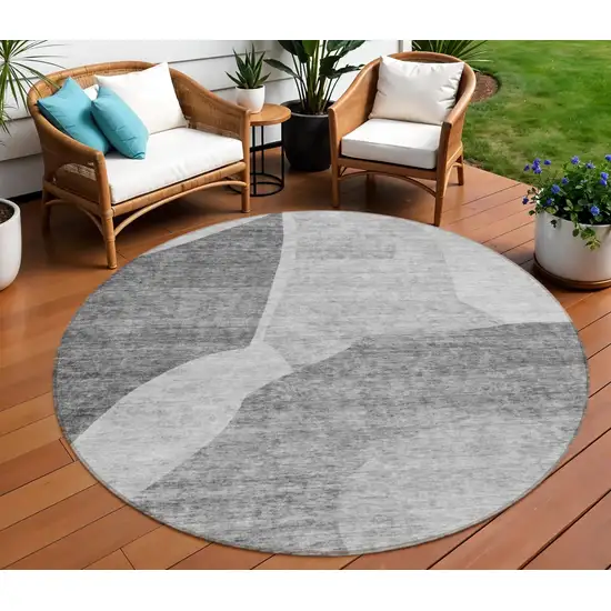 8' Silver Gray And Graphite Round Abstract Washable Indoor Outdoor Area Rug Photo 1