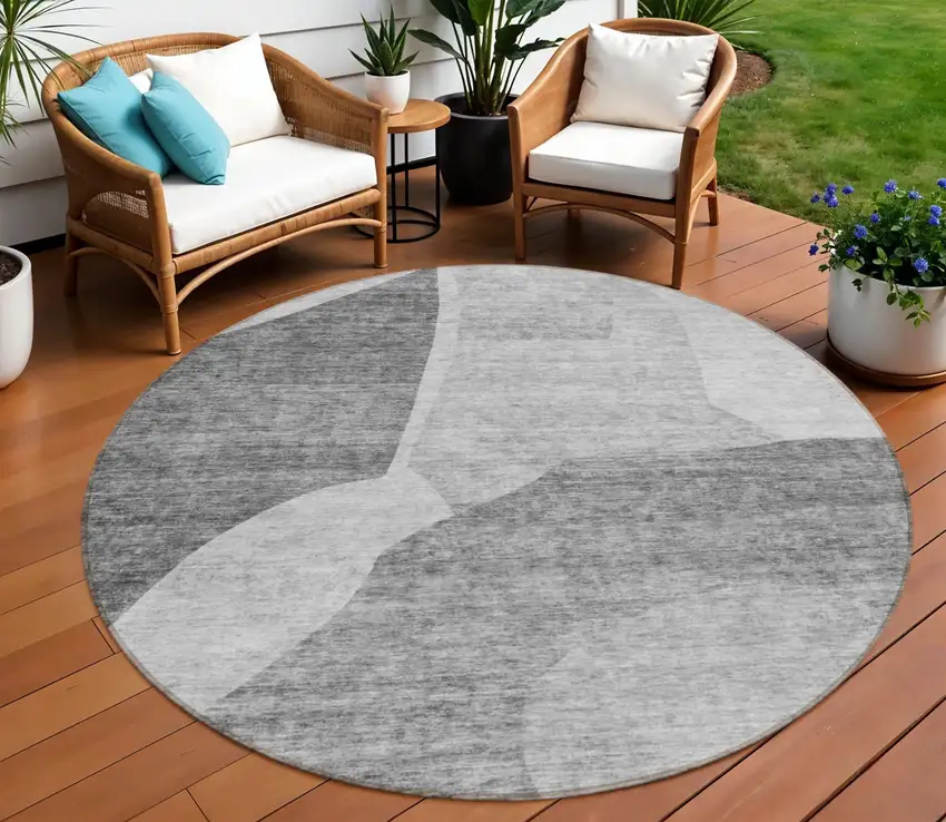8' Silver Gray And Graphite Round Abstract Washable Indoor Outdoor Area Rug Photo 1