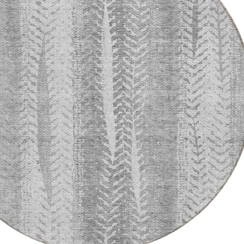 8' Silver Gray And Graphite Round Botanical Leaves Washable Indoor Outdoor Area Rug Photo 4