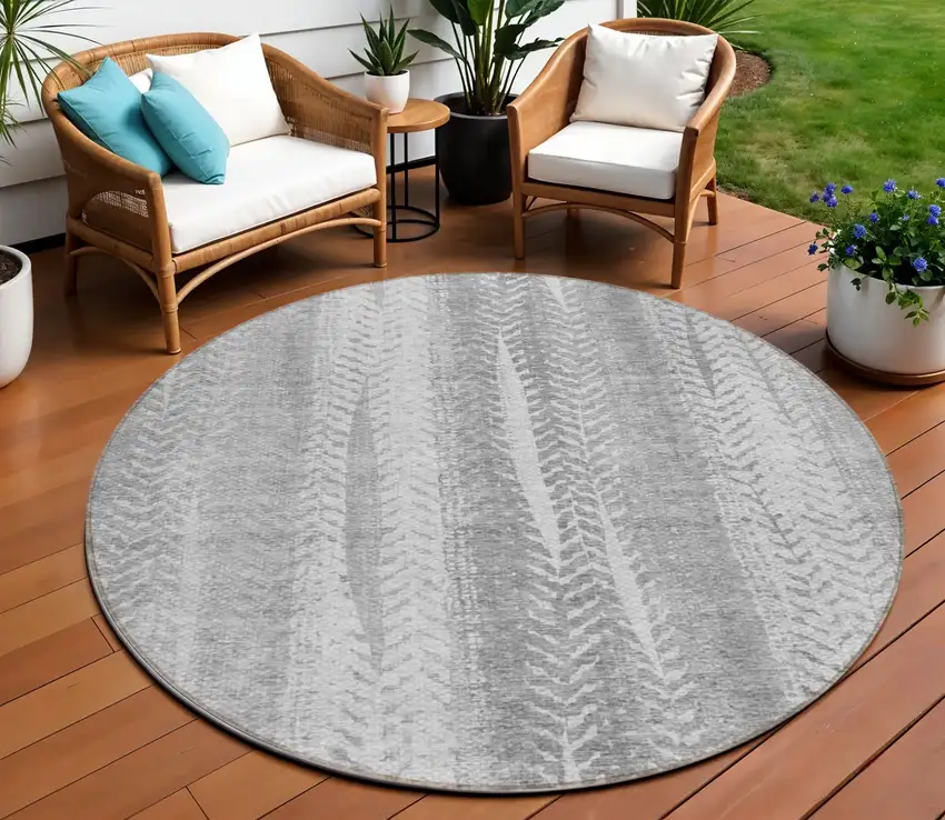 8' Silver Gray And Graphite Round Botanical Leaves Washable Indoor Outdoor Area Rug Photo 1