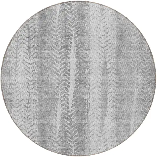 8' Silver Gray And Graphite Round Botanical Leaves Washable Indoor Outdoor Area Rug Photo 5