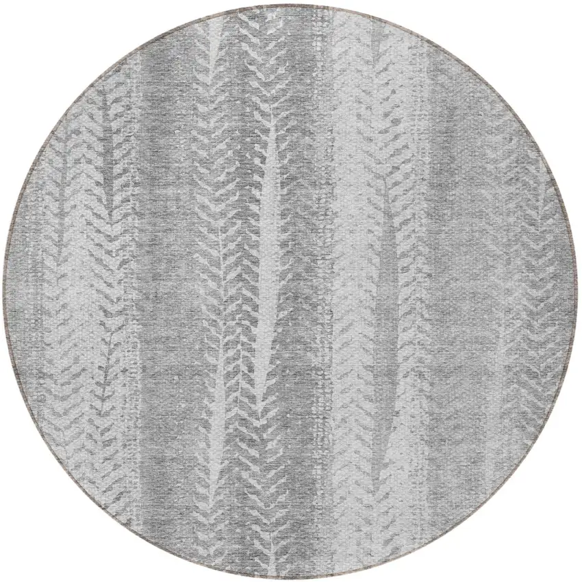 8' Silver Gray And Graphite Round Botanical Leaves Washable Indoor Outdoor Area Rug Photo 5