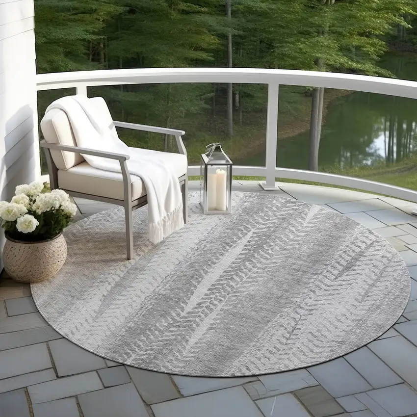 8' Silver Gray And Graphite Round Botanical Leaves Washable Indoor Outdoor Area Rug Photo 6