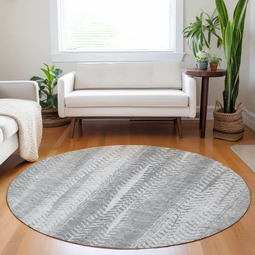8' Silver Gray And Graphite Round Botanical Leaves Washable Indoor Outdoor Area Rug Photo 7