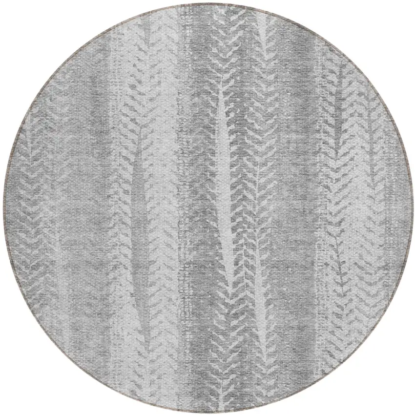 8' Silver Gray And Graphite Round Botanical Leaves Washable Indoor Outdoor Area Rug Photo 2
