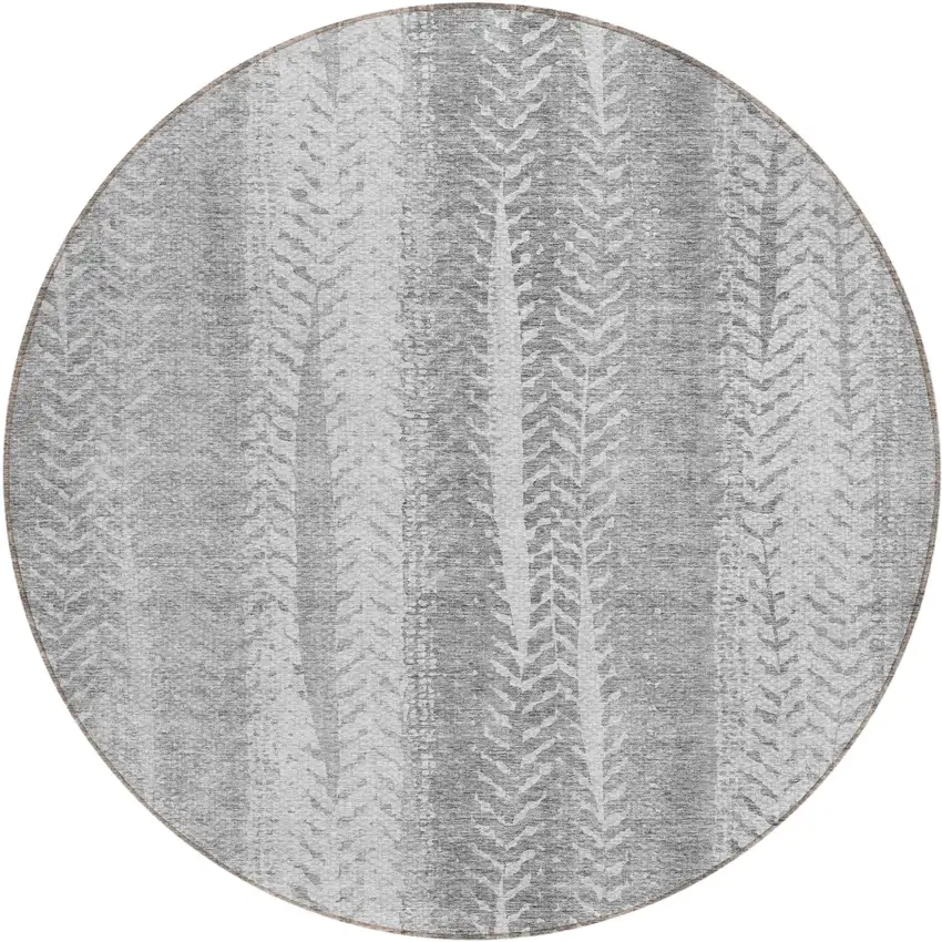 8' Silver Gray And Graphite Round Botanical Leaves Washable Indoor Outdoor Area Rug Photo 2