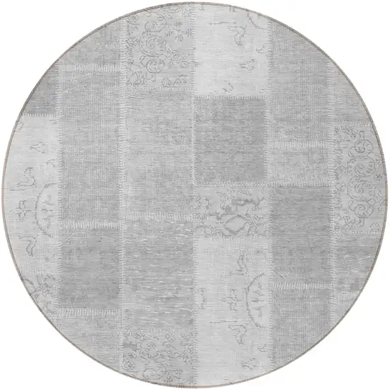 8' Silver Gray And Graphite Round Patchwork Washable Indoor Outdoor Area Rug Photo 5