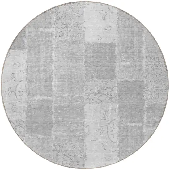 8' Silver Gray And Graphite Round Patchwork Washable Indoor Outdoor Area Rug Photo 5