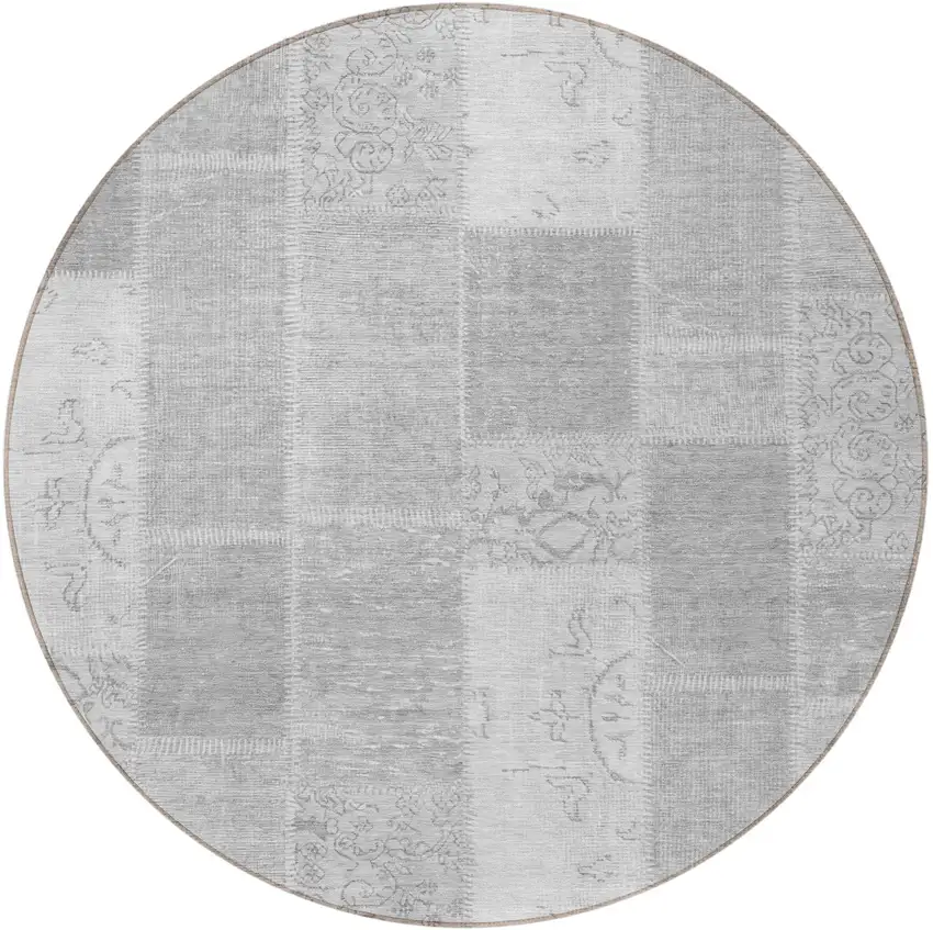 8' Silver Gray And Graphite Round Patchwork Washable Indoor Outdoor Area Rug Photo 5
