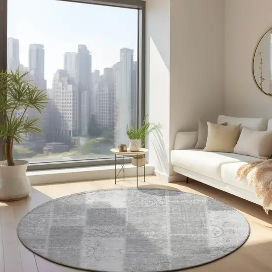 8' Silver Gray And Graphite Round Patchwork Washable Indoor Outdoor Area Rug Photo 7