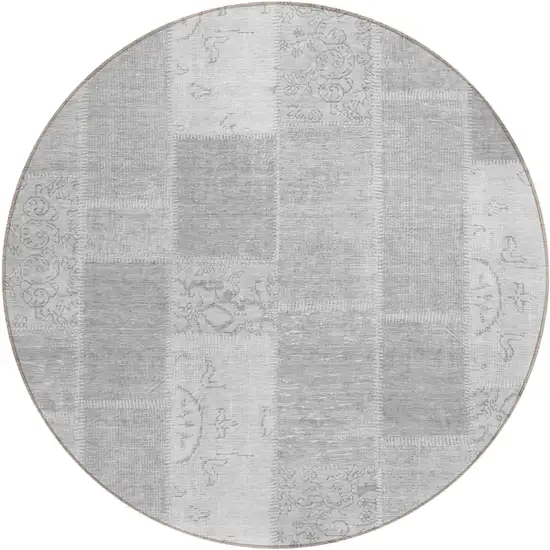8' Silver Gray And Graphite Round Patchwork Washable Indoor Outdoor Area Rug Photo 1