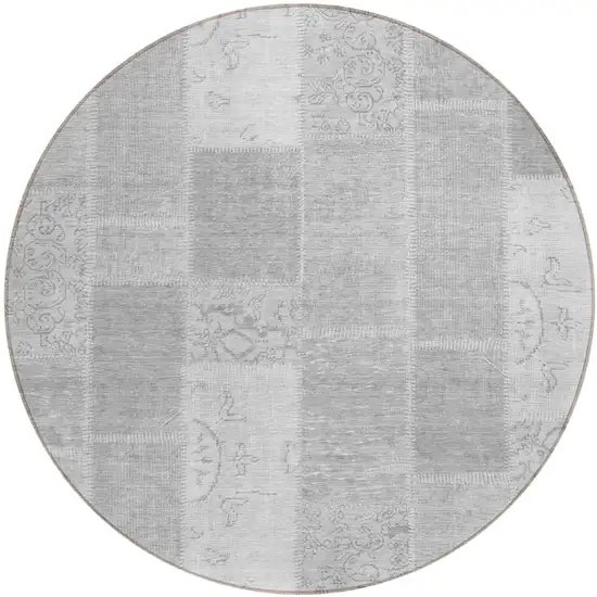 8' Silver Gray And Graphite Round Patchwork Washable Indoor Outdoor Area Rug Photo 1