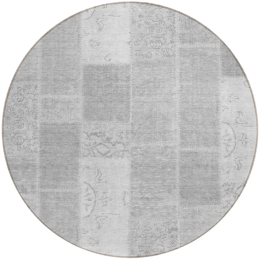 8' Silver Gray And Graphite Round Patchwork Washable Indoor Outdoor Area Rug Photo 1