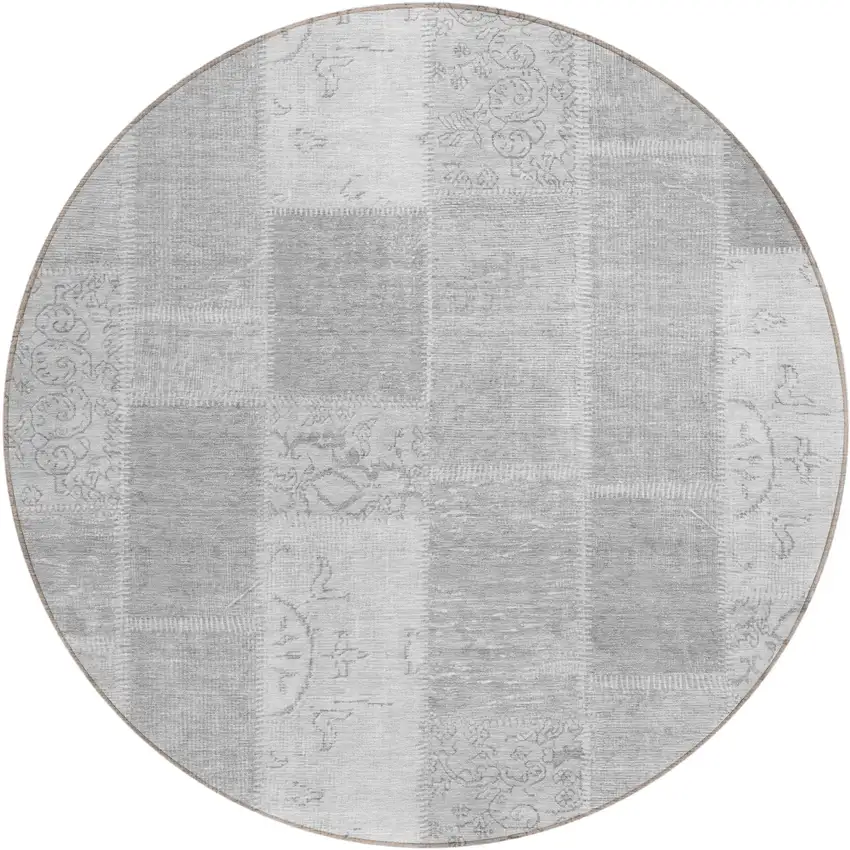 8' Silver Gray And Graphite Round Patchwork Washable Indoor Outdoor Area Rug Photo 1