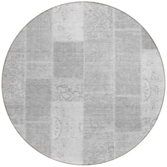 8' Silver Gray And Graphite Round Patchwork Washable Indoor Outdoor Area Rug Photo 4