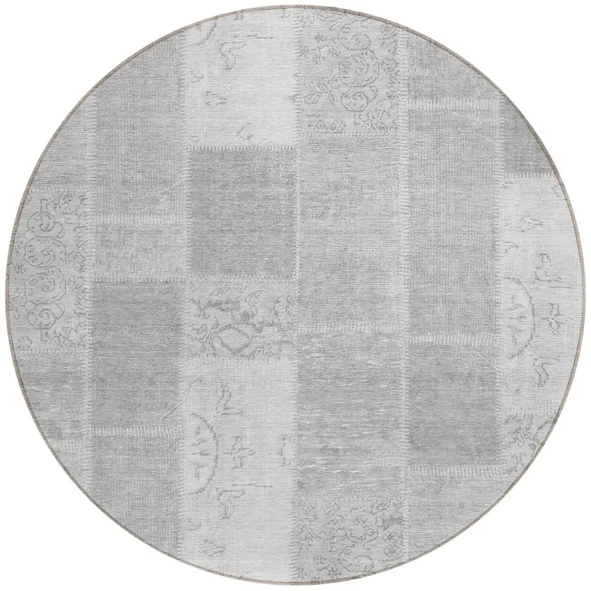 8' Silver Gray And Graphite Round Patchwork Washable Indoor Outdoor Area Rug Photo 4