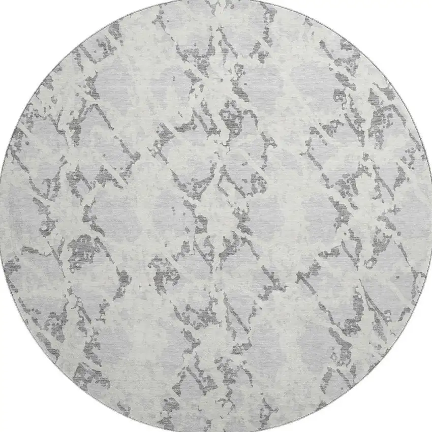 8' Silver Gray And Ivory Abstract Washable Round Rug With UV Protection Photo 3