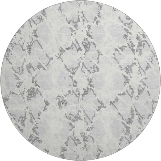 8' Silver Gray And Ivory Abstract Washable Round Rug With UV Protection Photo 1